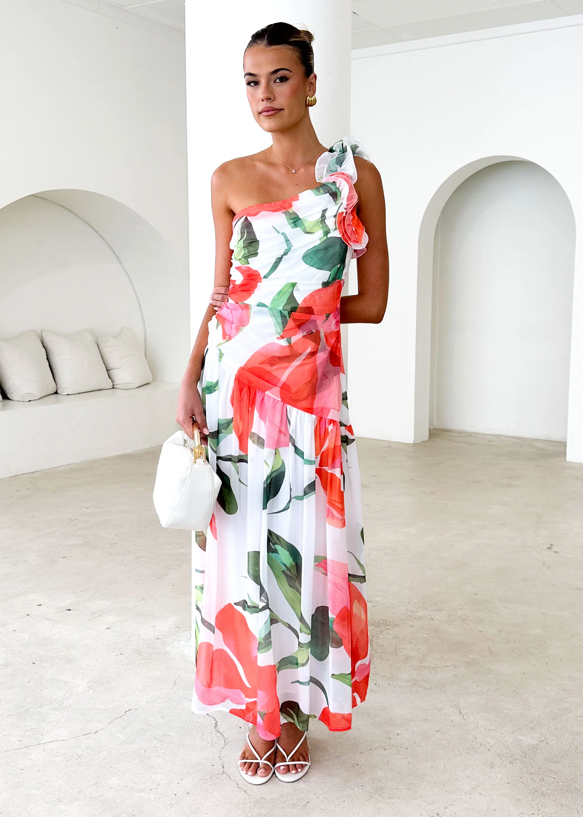 Lentara One Shoulder Maxi Dress - Red Flowers - Image 4