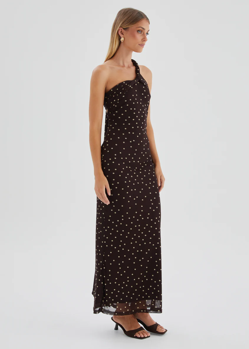 Lexy One Shoulder Mesh Maxi Dress - Choc Polka Dot - Image 5