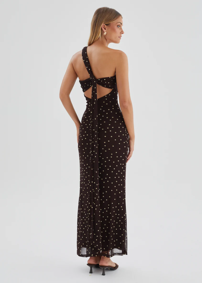 Lexy One Shoulder Mesh Maxi Dress - Choc Polka Dot - Image 6