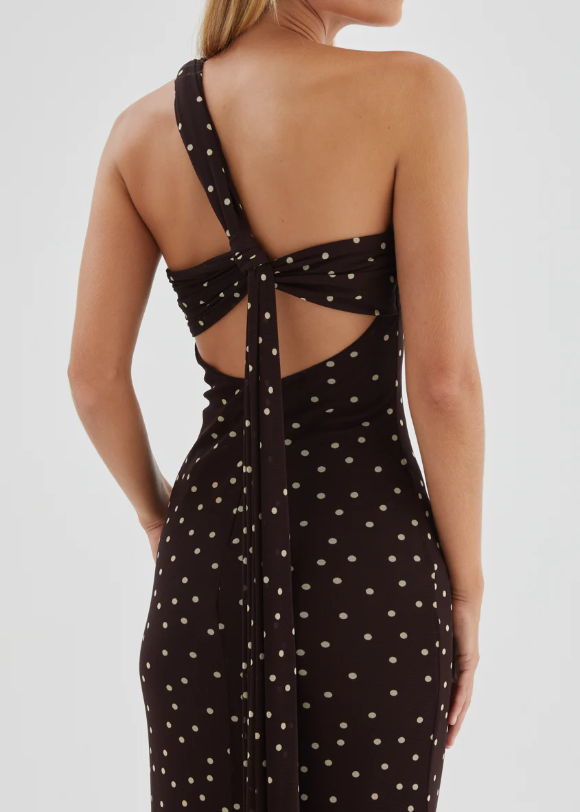 Lexy One Shoulder Mesh Maxi Dress - Choc Polka Dot - Image 7