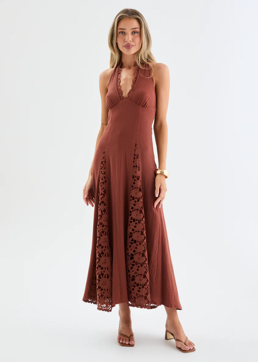 Lilian Lace Halter Midi Dress - Chocolate