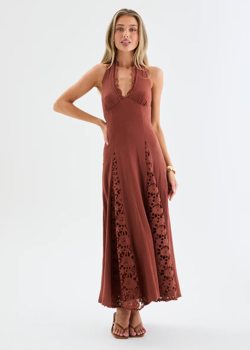 Lilian Lace Halter Midi Dress - Chocolate - Image 4