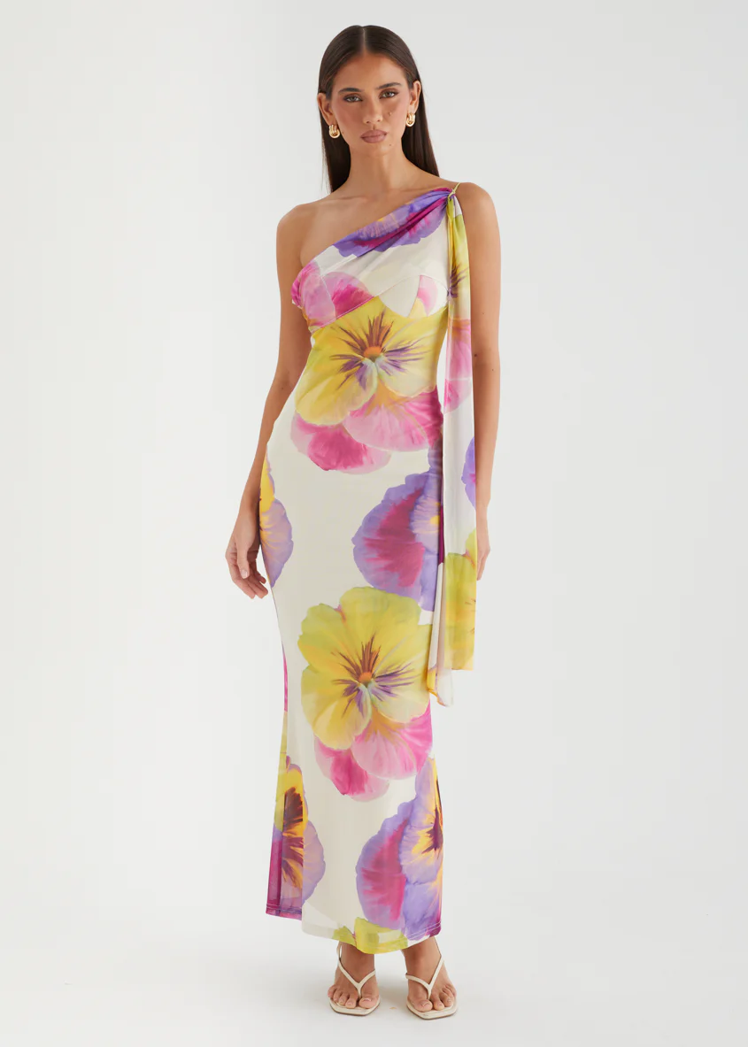 Lilley One Shoulder Mesh Maxi Dress - Beige Floral
