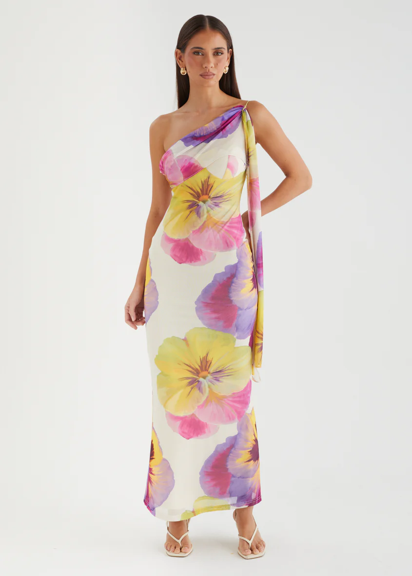 Lilley One Shoulder Mesh Maxi Dress - Beige Floral - Image 3