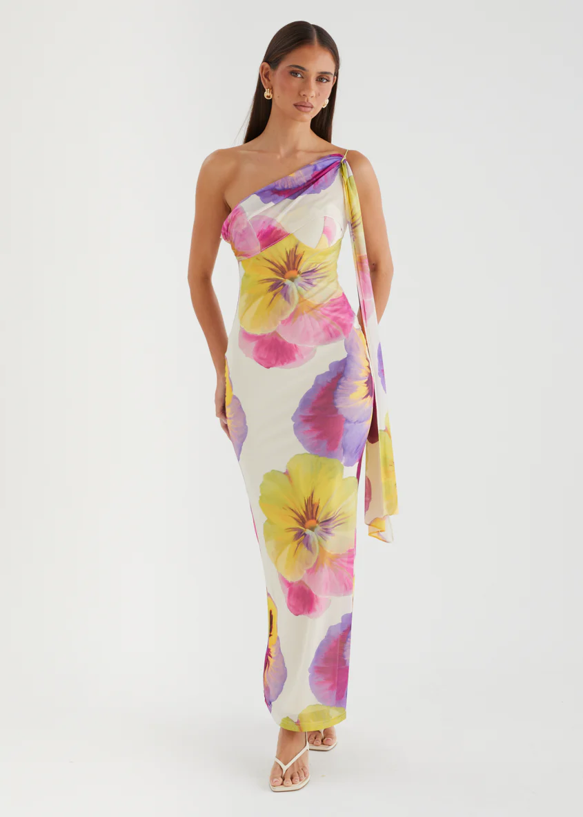 Lilley One Shoulder Mesh Maxi Dress - Beige Floral - Image 4