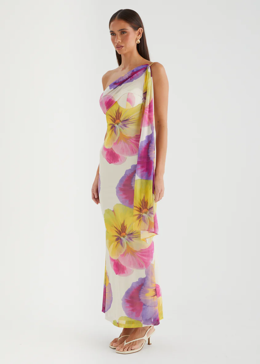 Lilley One Shoulder Mesh Maxi Dress - Beige Floral - Image 5