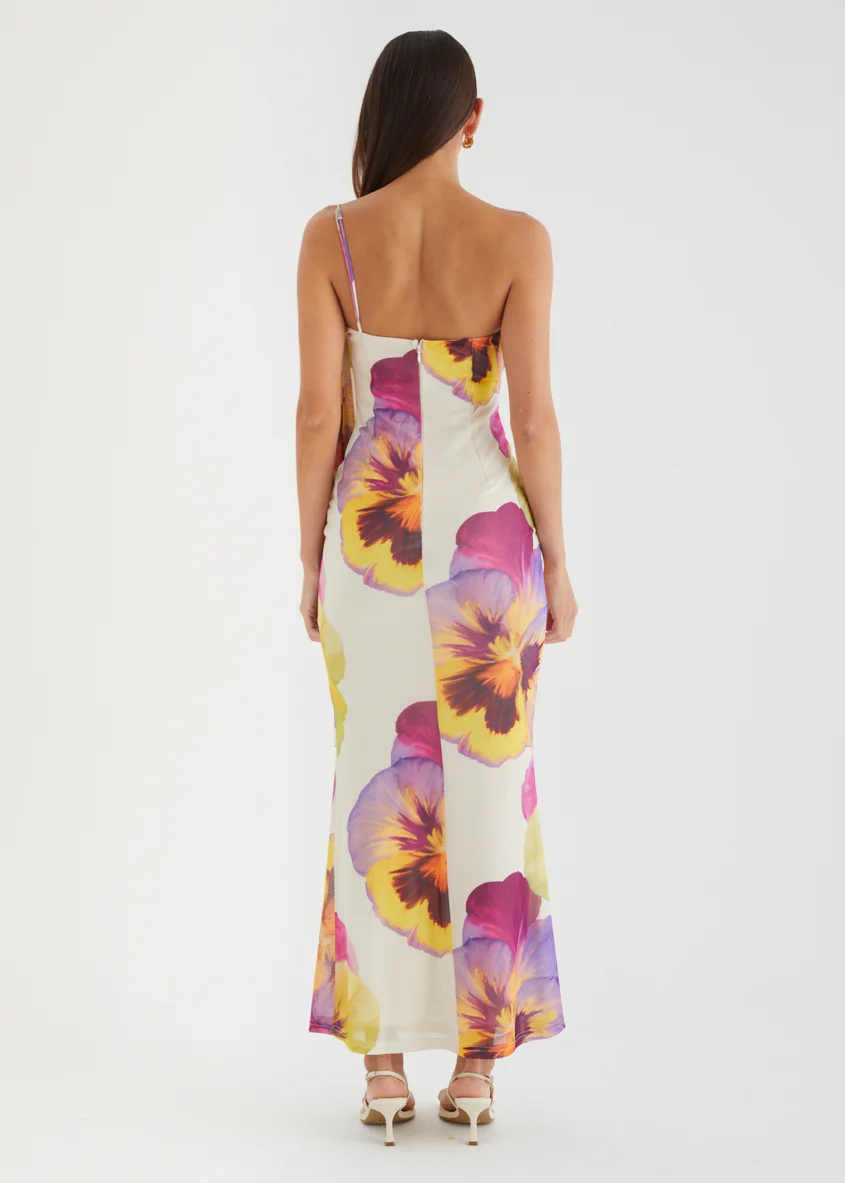 Lilley One Shoulder Mesh Maxi Dress - Beige Floral - Image 6