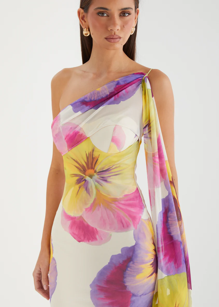Lilley One Shoulder Mesh Maxi Dress - Beige Floral - Image 7