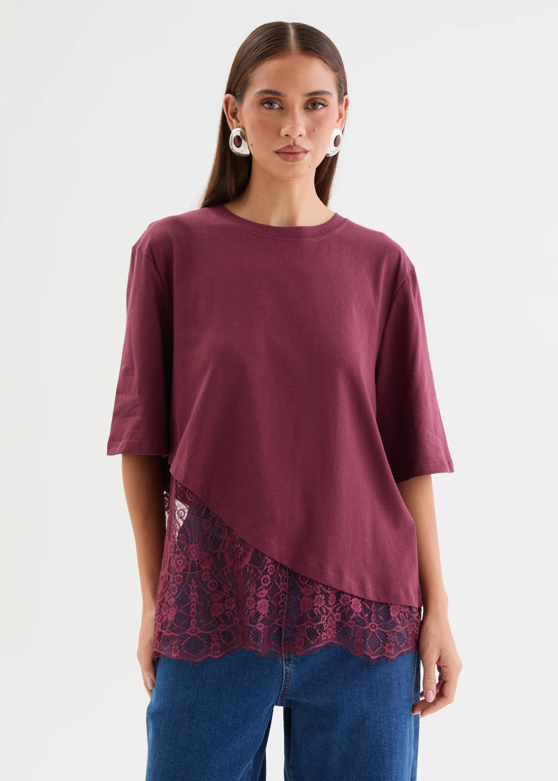 Lolana Lace Splice Top - Burgundy