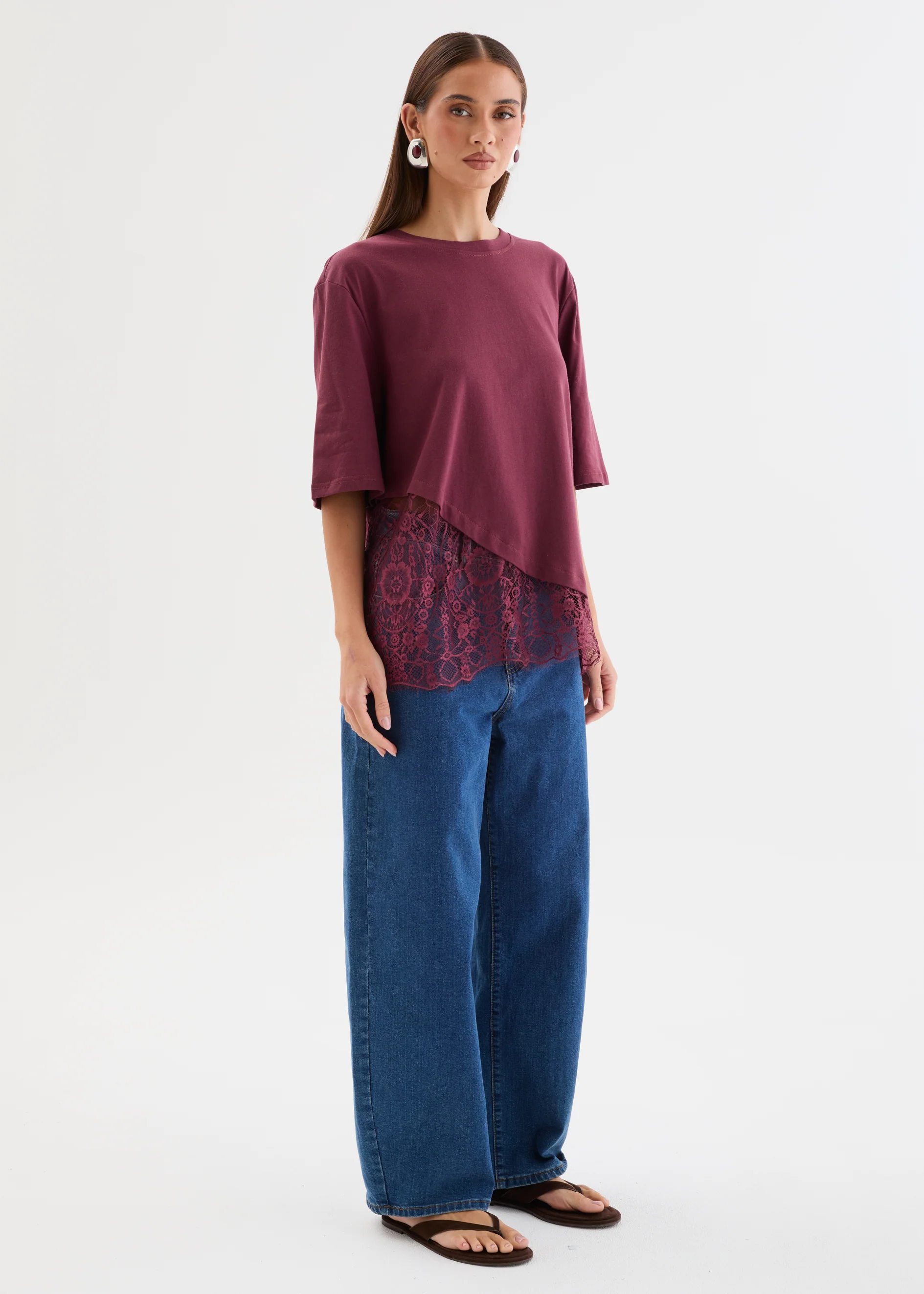 Lolana Lace Splice Top - Burgundy - Image 4