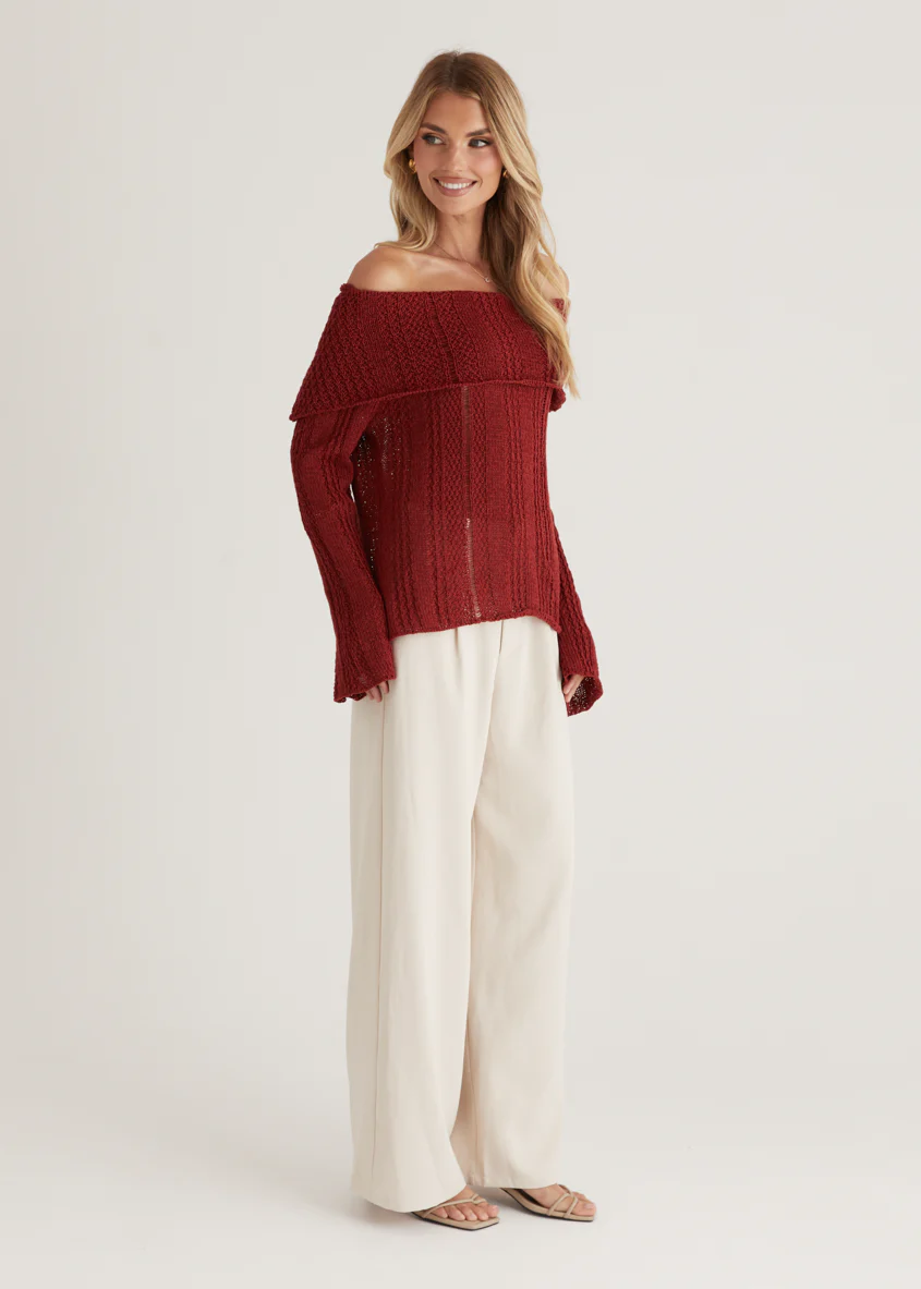 Lucy Off Shoulder Sweater - Burgundy - Image 14