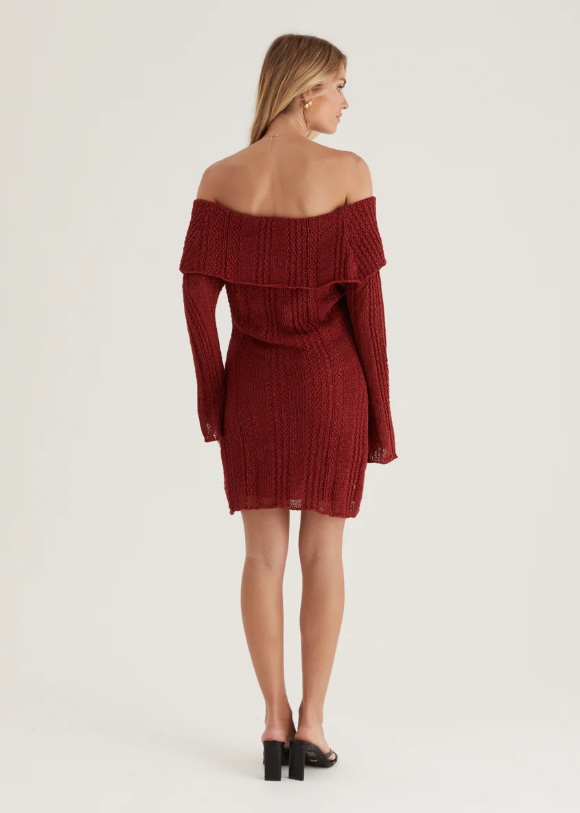 Luna Off Shoulder Knit Dress - Maroon - Image 11