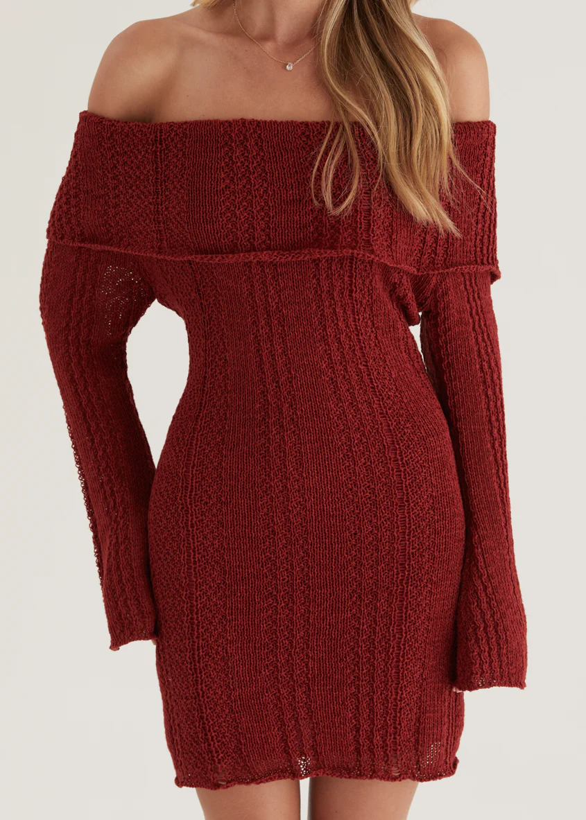 Luna Off Shoulder Knit Dress - Maroon - Image 12