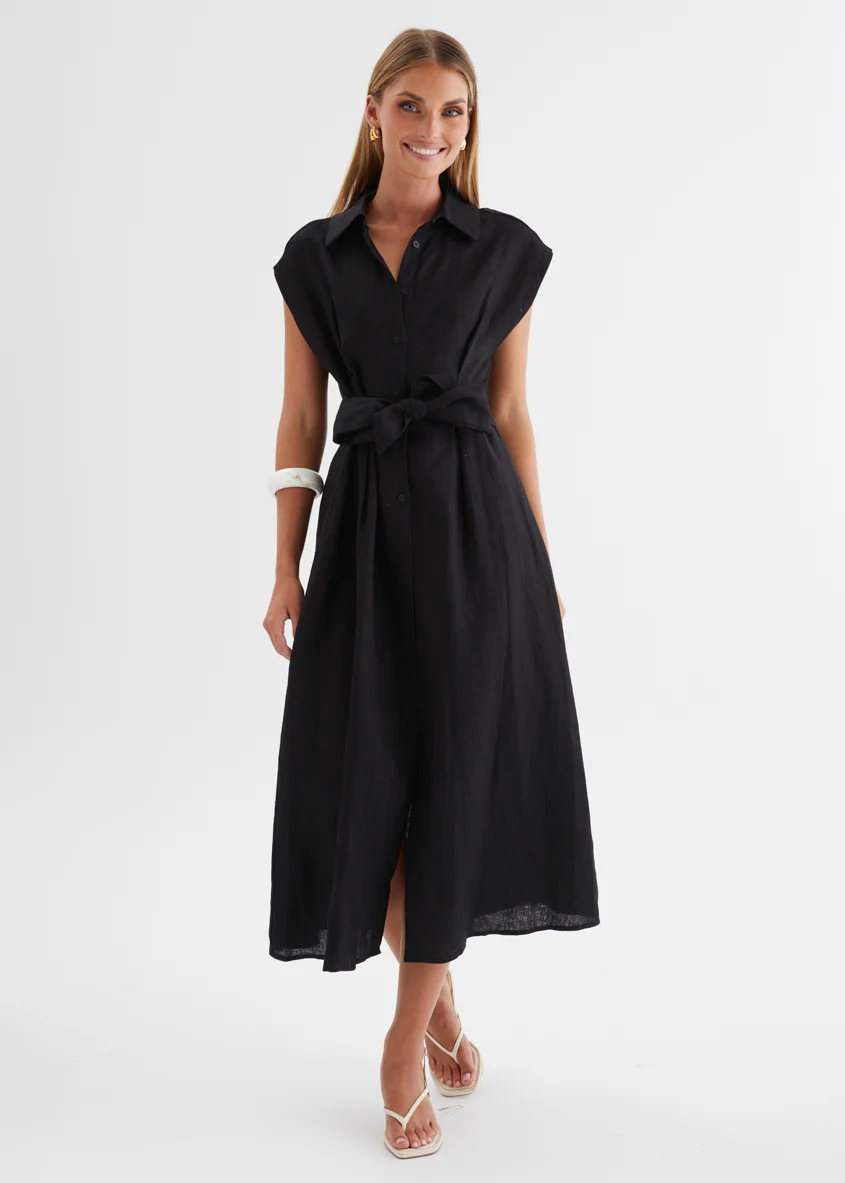 Makari Linen Midi Dress - Black