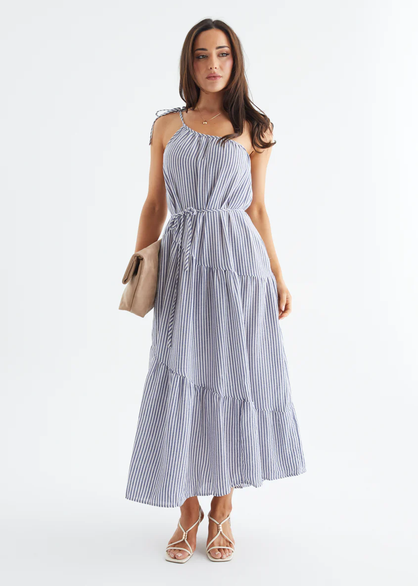 Mary One Shoulder Maxi Dress - Blue Stripe