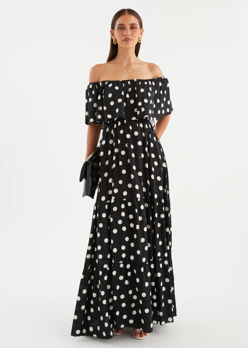 Mirie Off Shoulder Maxi Dress - Black Polka - Image 3