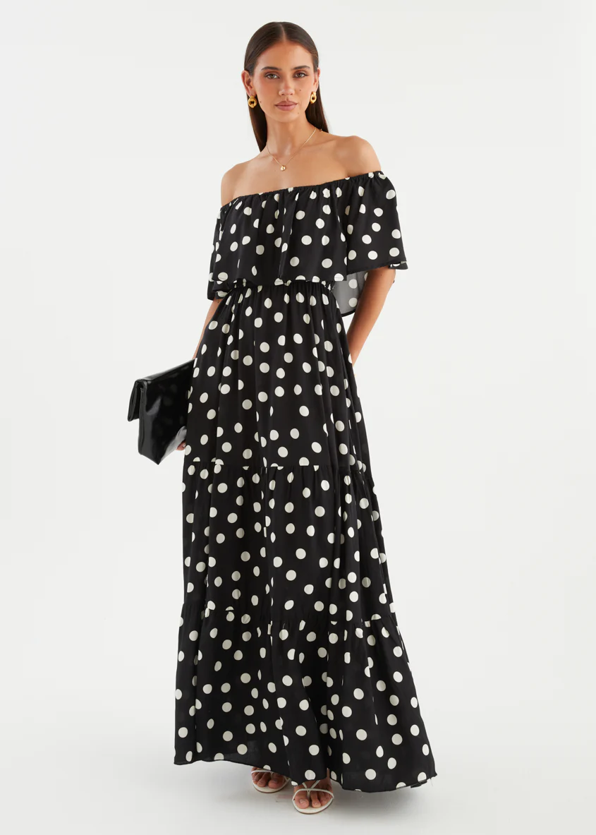 Mirie Off Shoulder Maxi Dress - Black Polka - Image 4