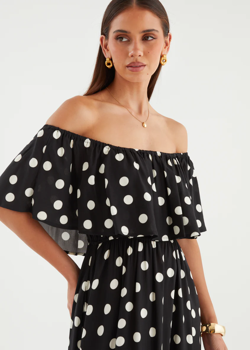 Mirie Off Shoulder Maxi Dress - Black Polka - Image 8