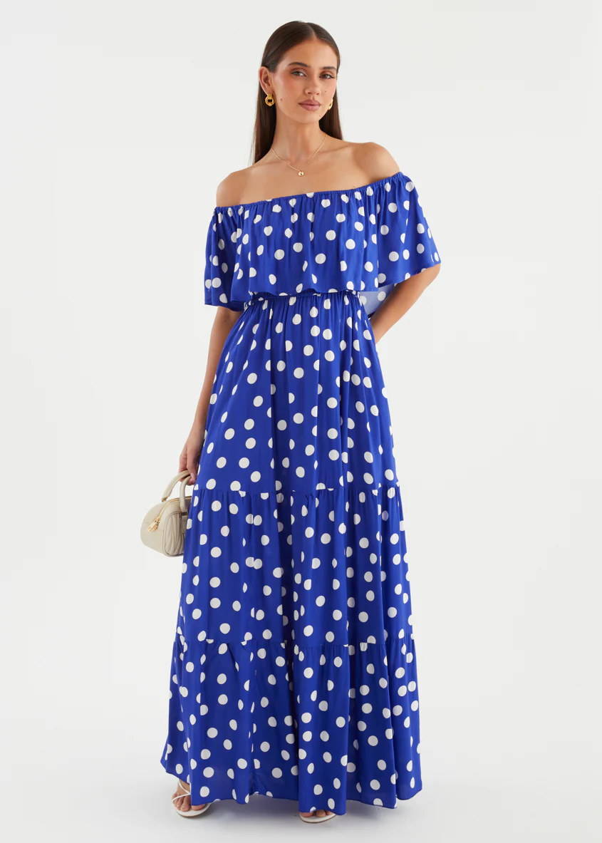 Mirie Off Shoulder Maxi Dress - Cobalt Polka - Image 4