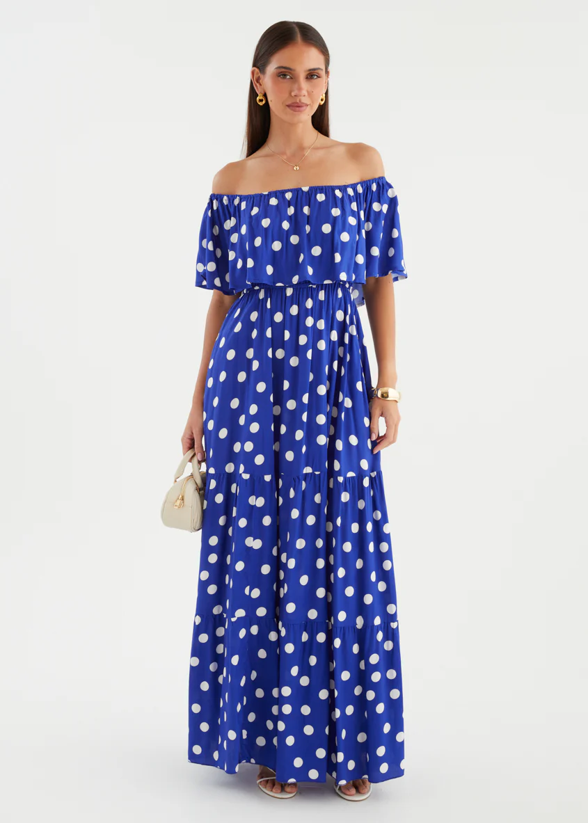 Mirie Off Shoulder Maxi Dress - Cobalt Polka - Image 5