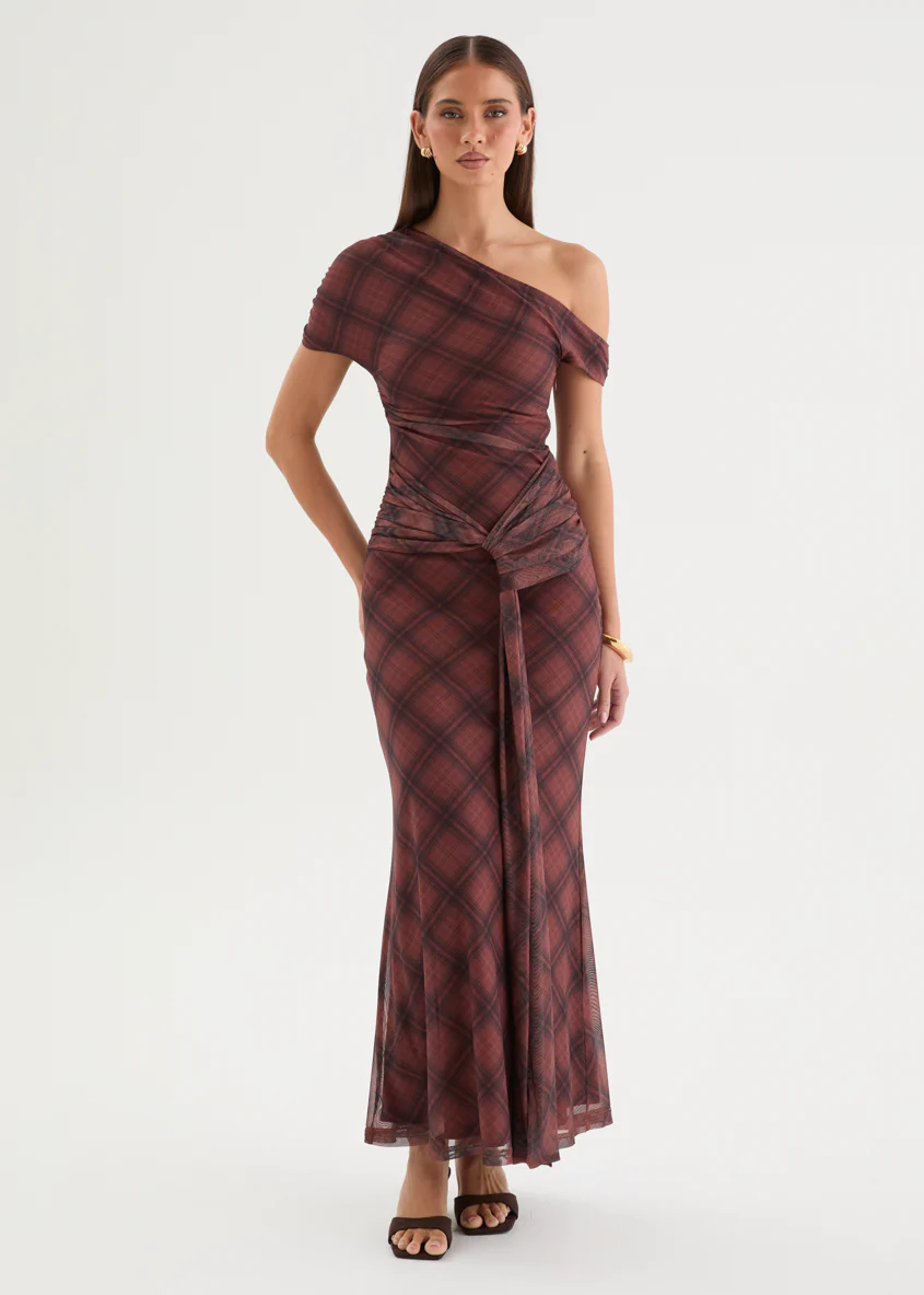 Monica Mesh Drop Shoulder Maxi Dress - Brown Check - Image 2