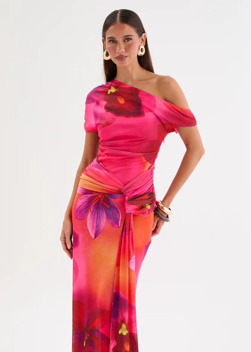 Monica Mesh Drop Shoulder Maxi Dress - Pink Floral - Image 3
