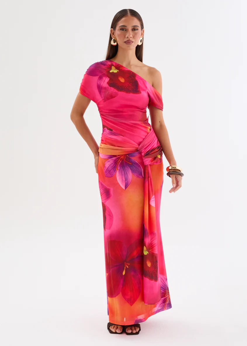 Monica Mesh Drop Shoulder Maxi Dress - Pink Floral - Image 4