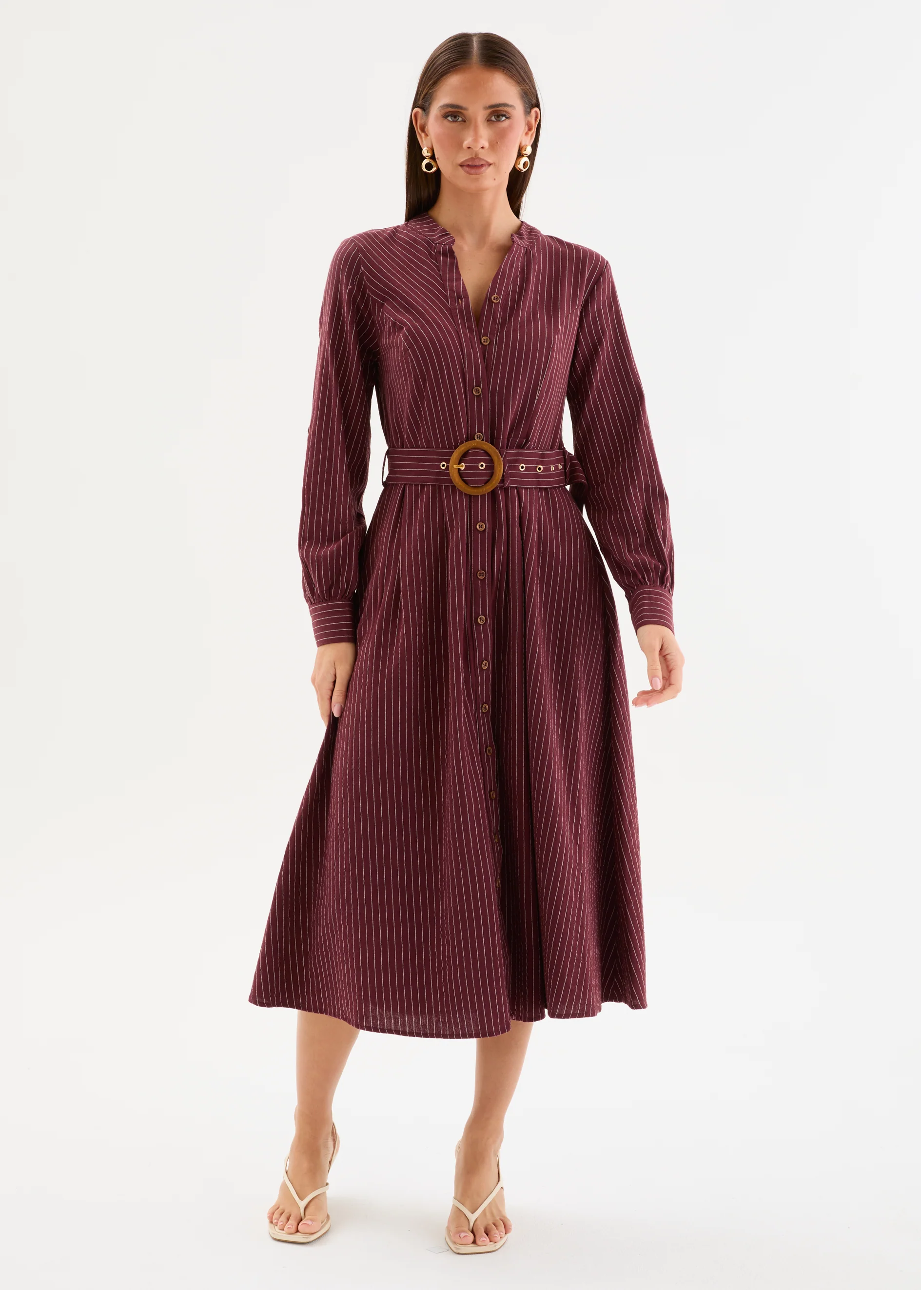 Murphy Midi Dress with Belt - Maroon Pinstripe