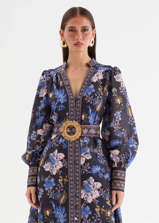 Nadine Midi Dress with Belt - Obsidian Bloom - Image 7
