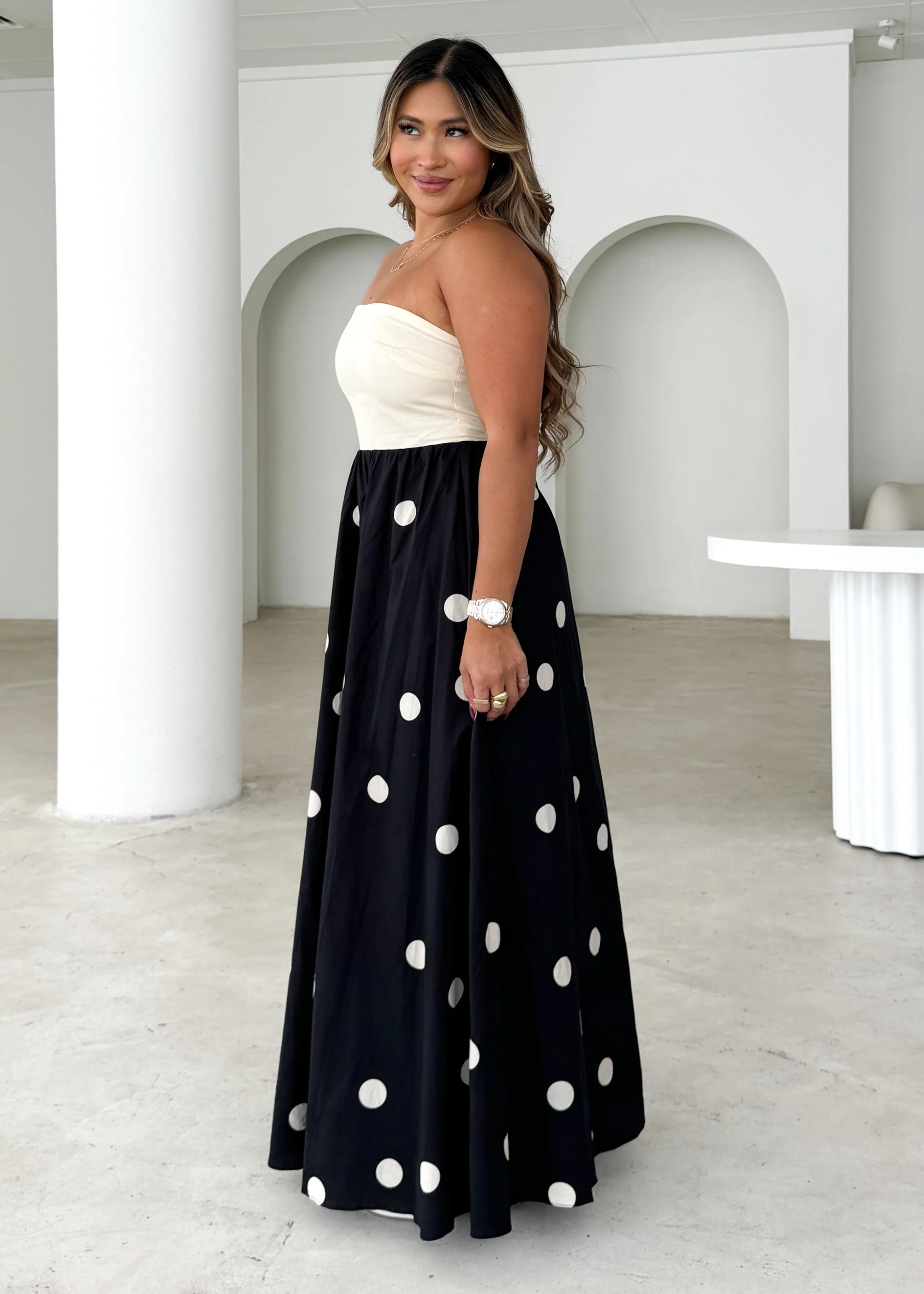 Nadya Strapless Maxi Dress - Cream Polka - Image 10