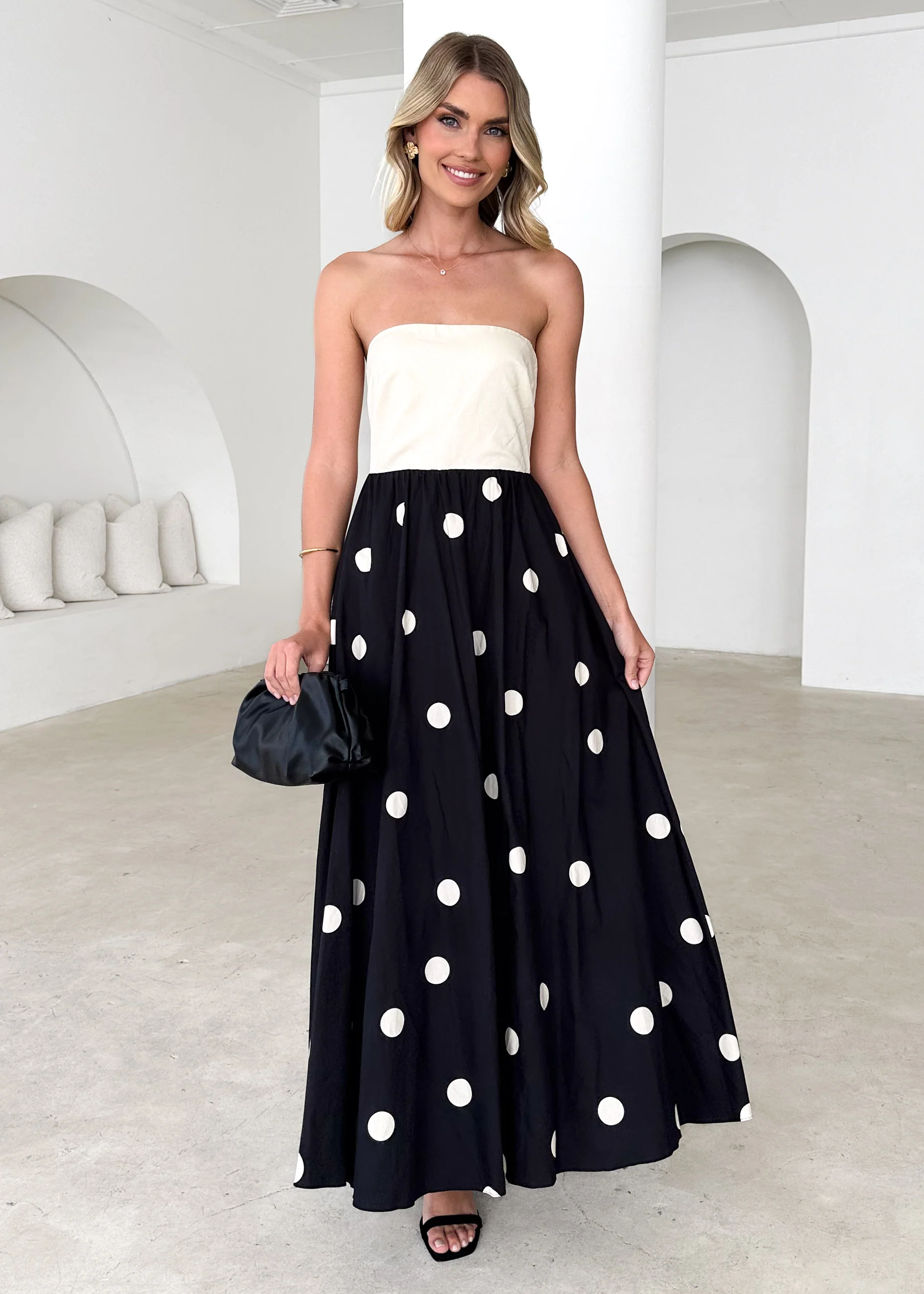 Nadya Strapless Maxi Dress - Cream Polka - Image 11