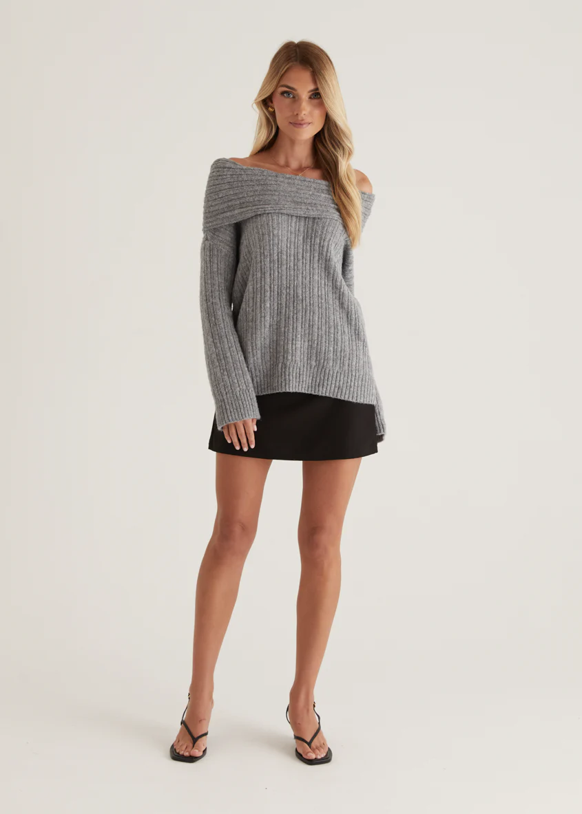 Natlie Off Shoulder Sweater - Grey - Image 2