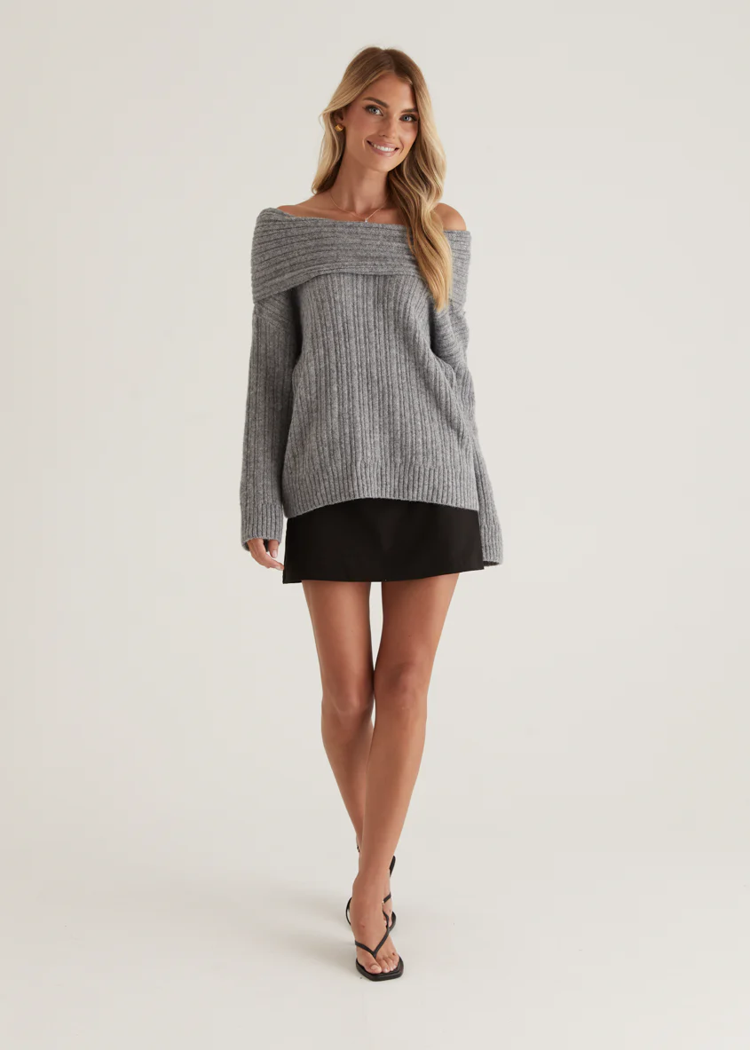 Natlie Off Shoulder Sweater - Grey - Image 4