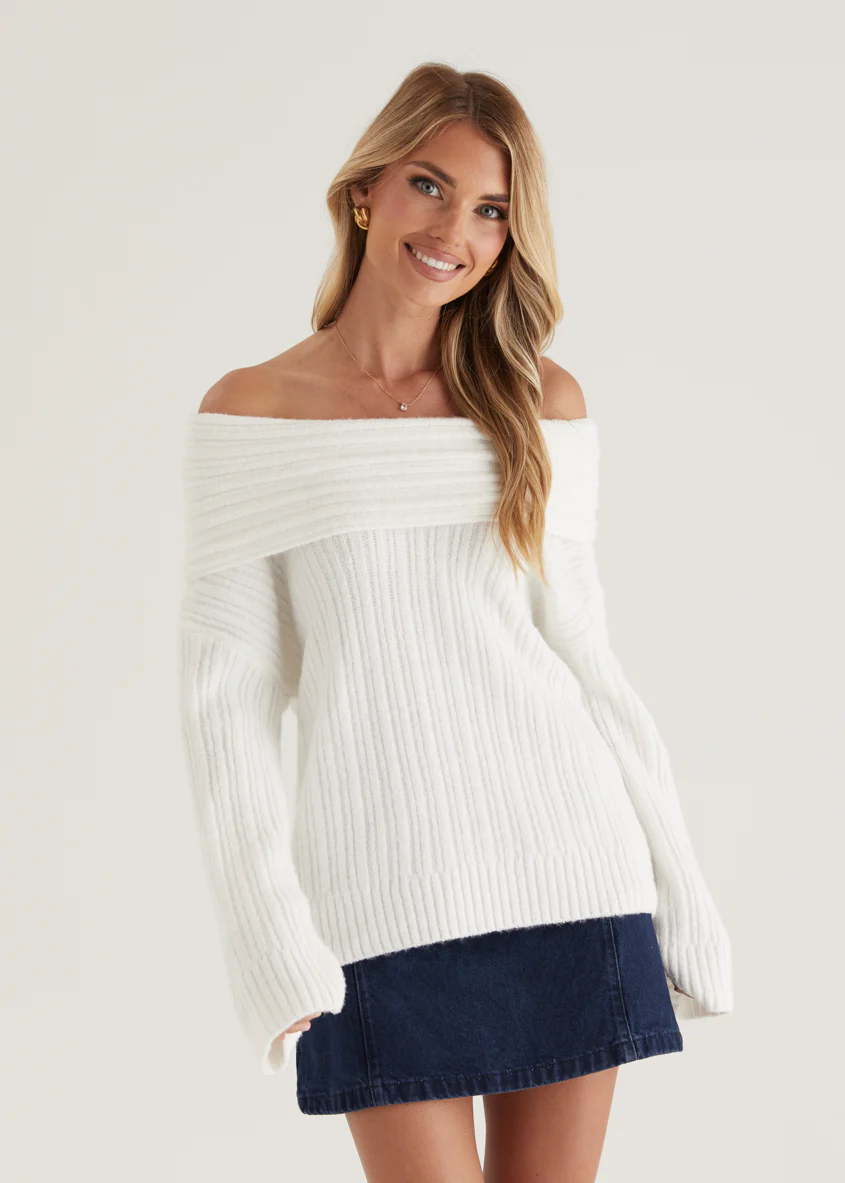 Natlie Off Shoulder Sweater - Off White - Image 6