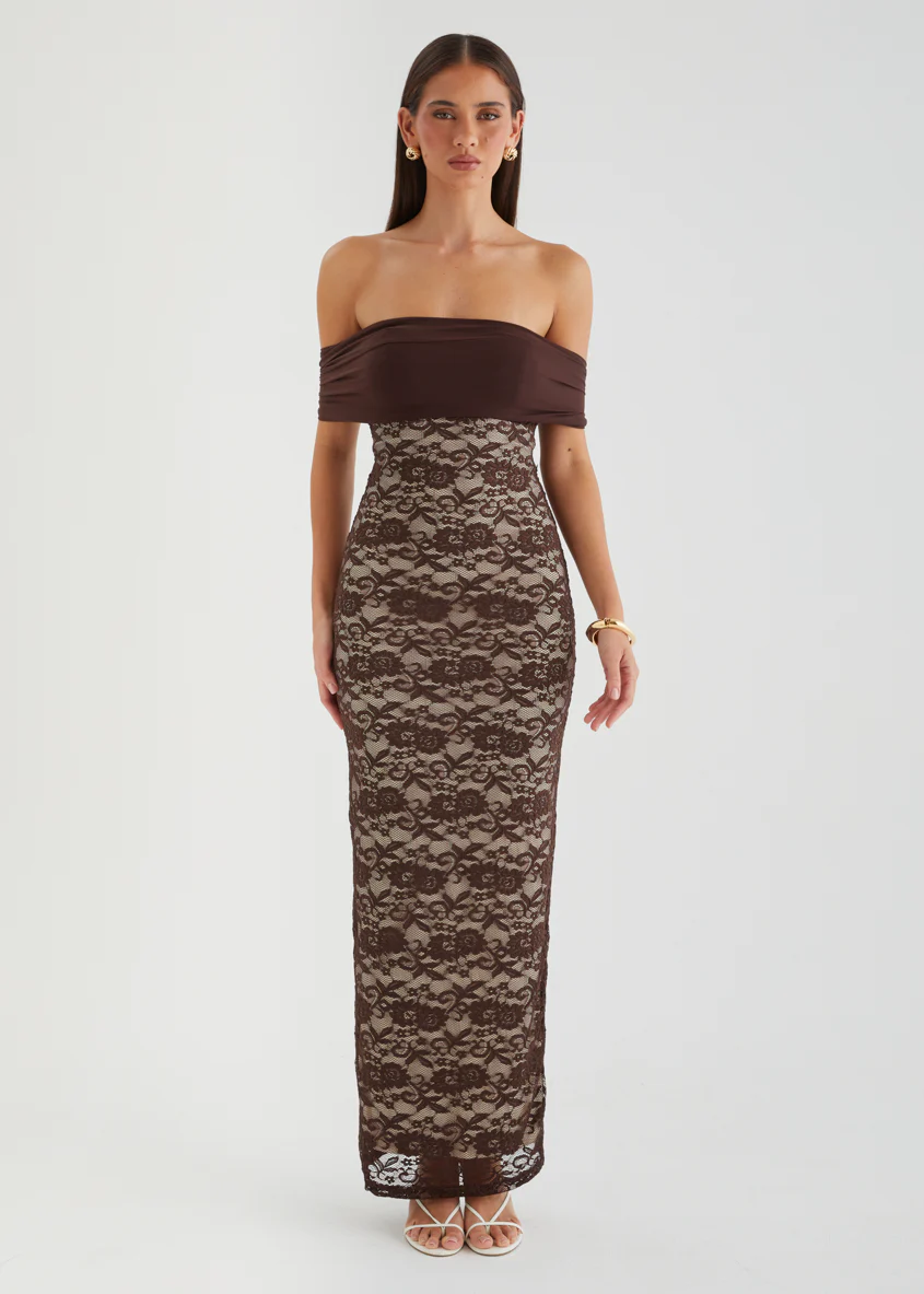 Navika Off Shoulder Lace Maxi Dress - Chocolate