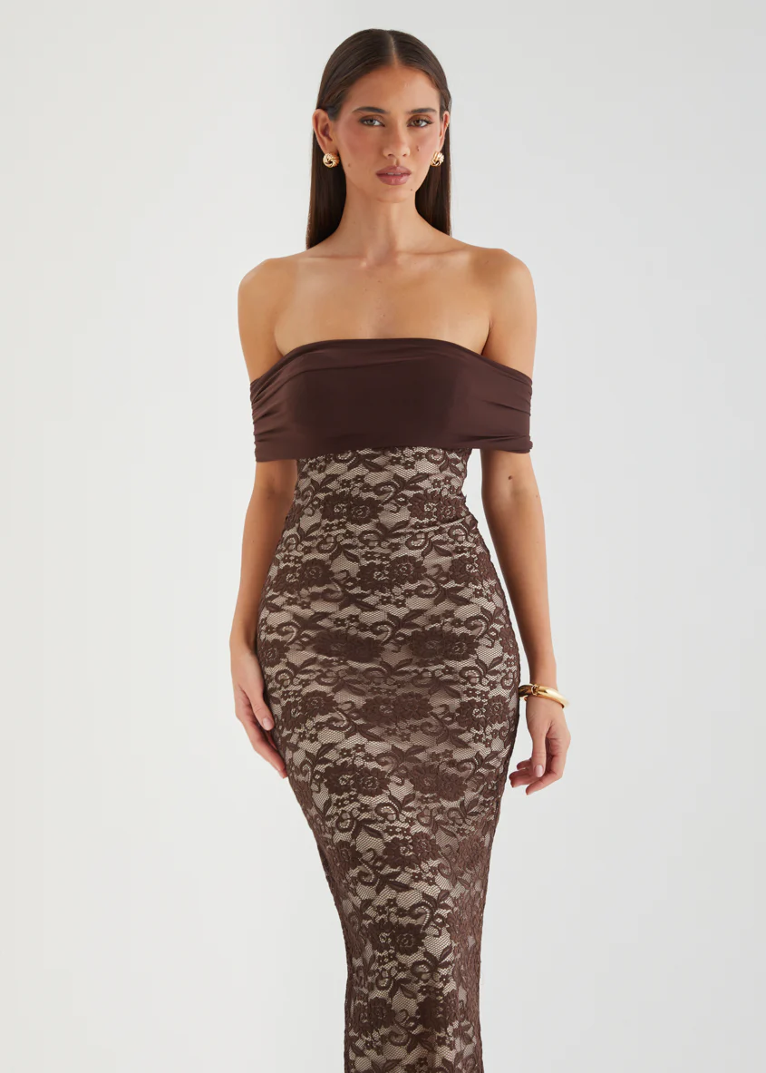 Navika Off Shoulder Lace Maxi Dress - Chocolate - Image 2