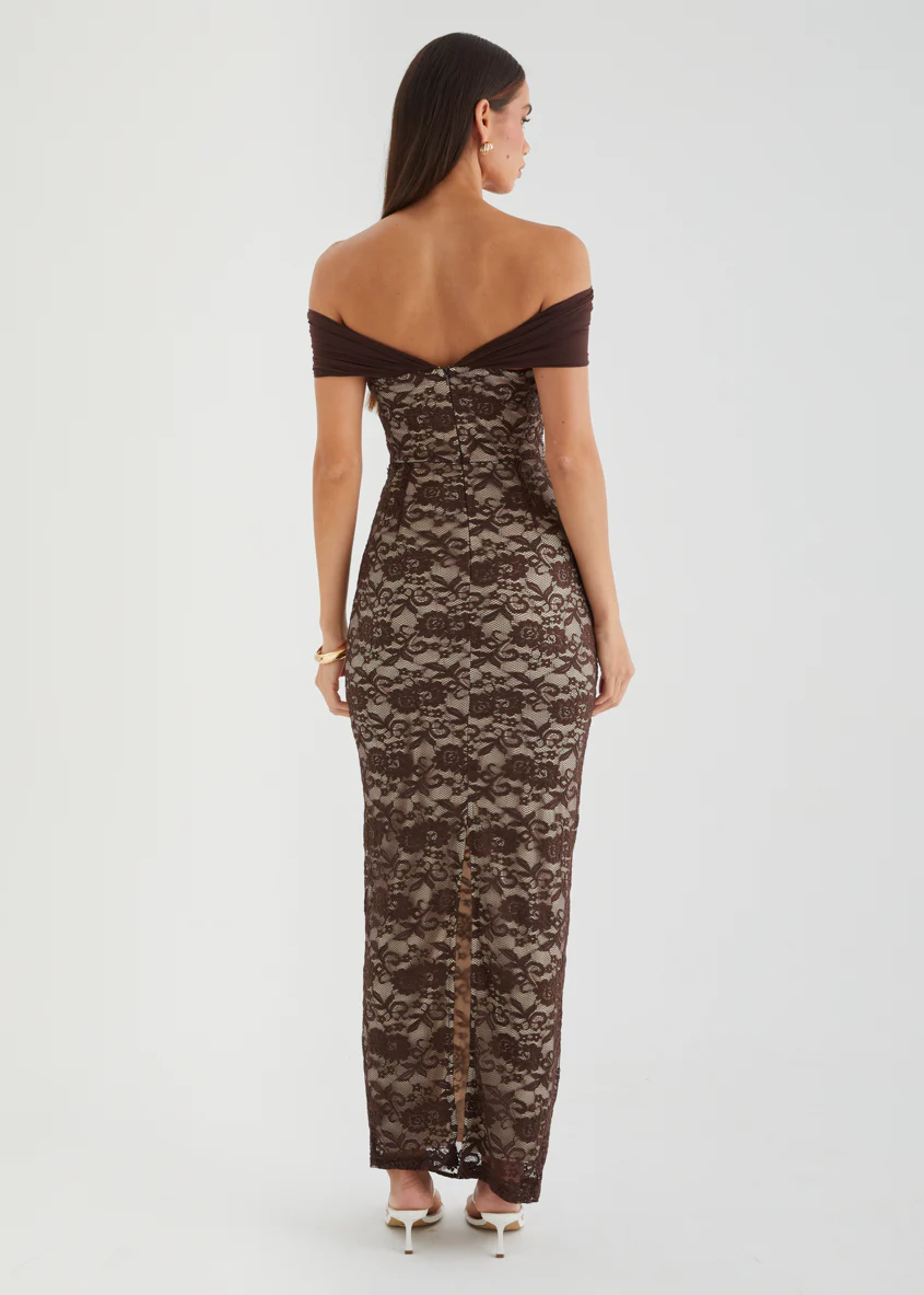 Navika Off Shoulder Lace Maxi Dress - Chocolate - Image 4