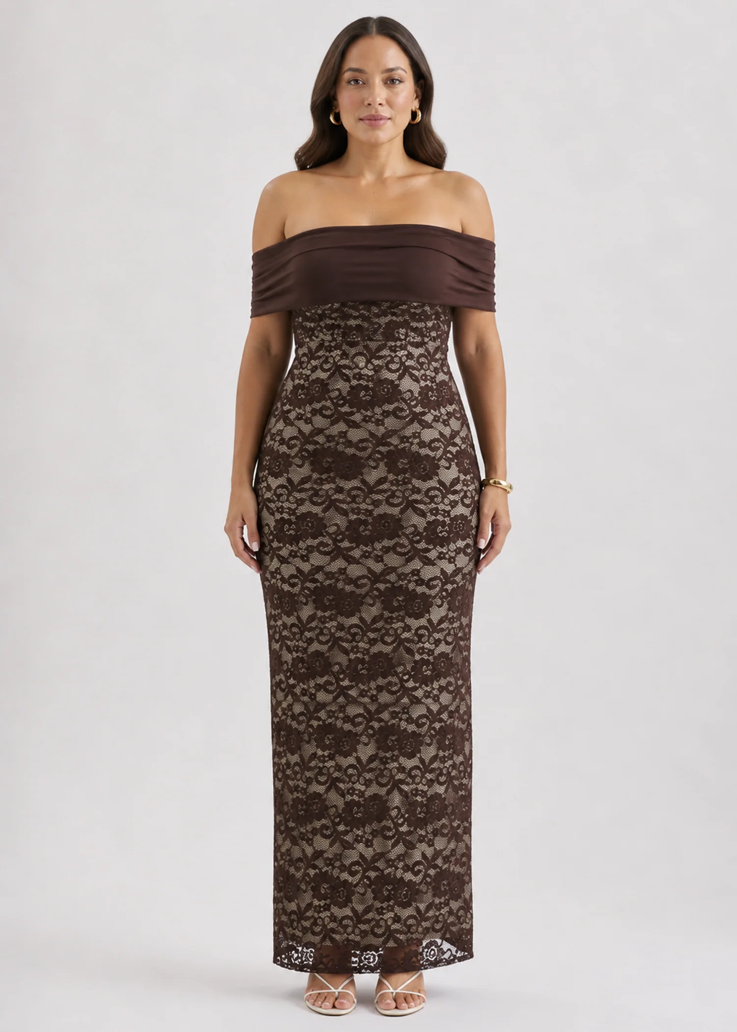 Navika Off Shoulder Lace Maxi Dress - Chocolate - Image 6