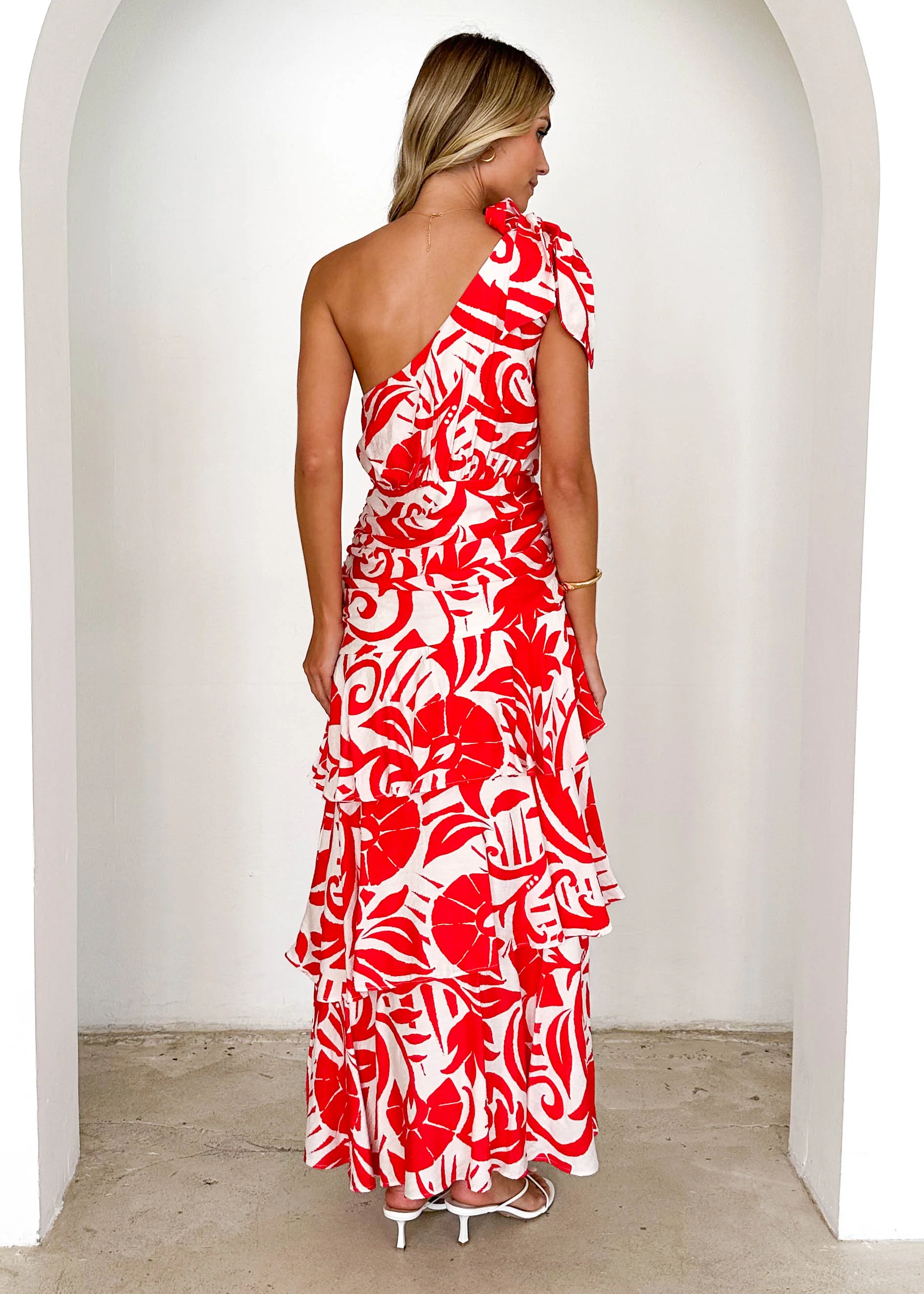 Polly One Shoulder Maxi Dress - Red Abstract - Image 5