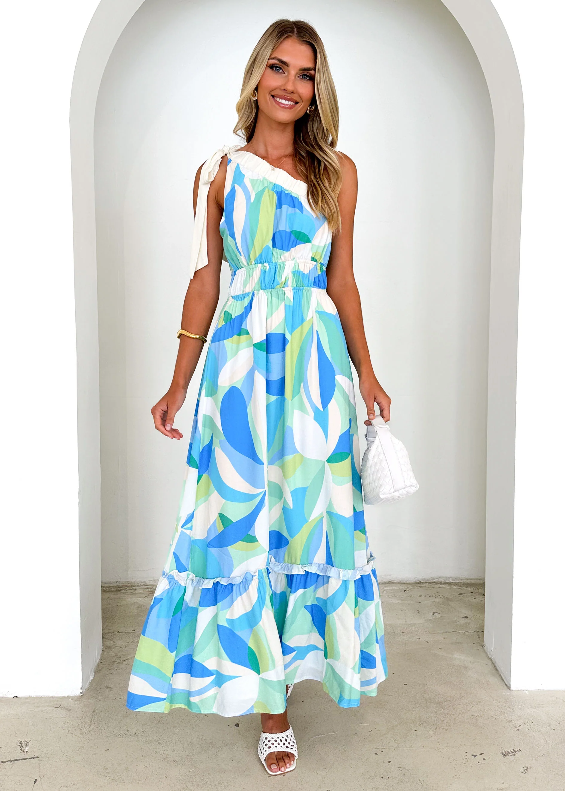 Rainfall One Shoulder Maxi Dress - Blue Abstract - Image 2