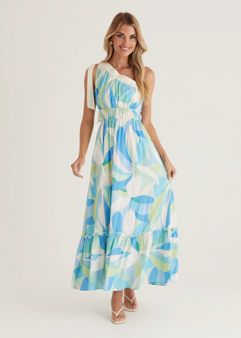 Rainfall One Shoulder Maxi Dress - Blue Abstract - Image 3