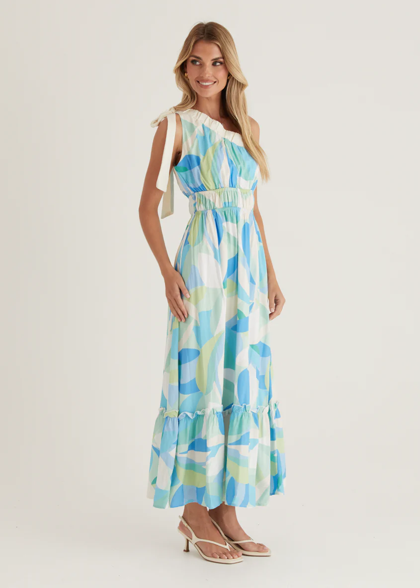 Rainfall One Shoulder Maxi Dress - Blue Abstract - Image 7