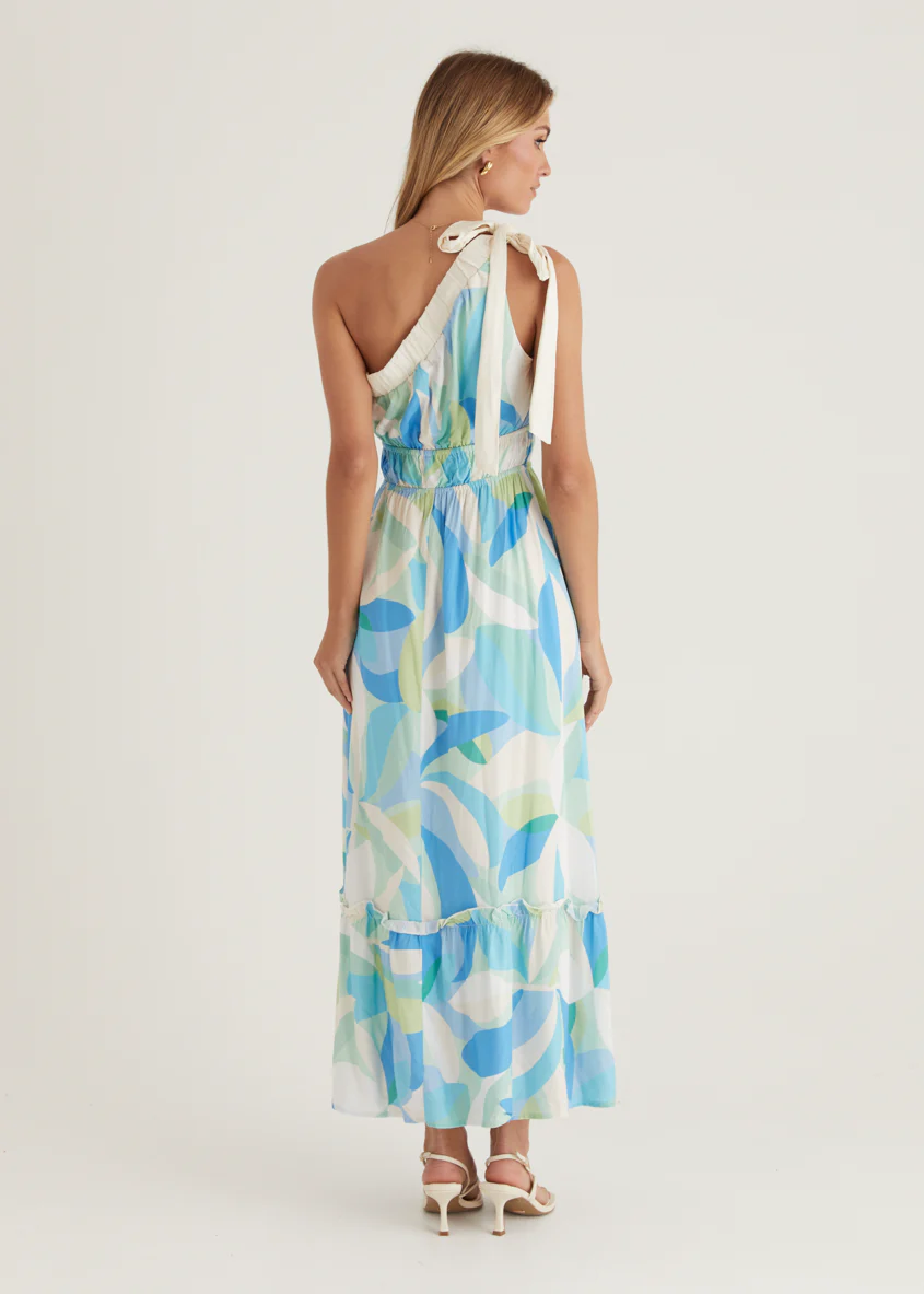 Rainfall One Shoulder Maxi Dress - Blue Abstract - Image 8