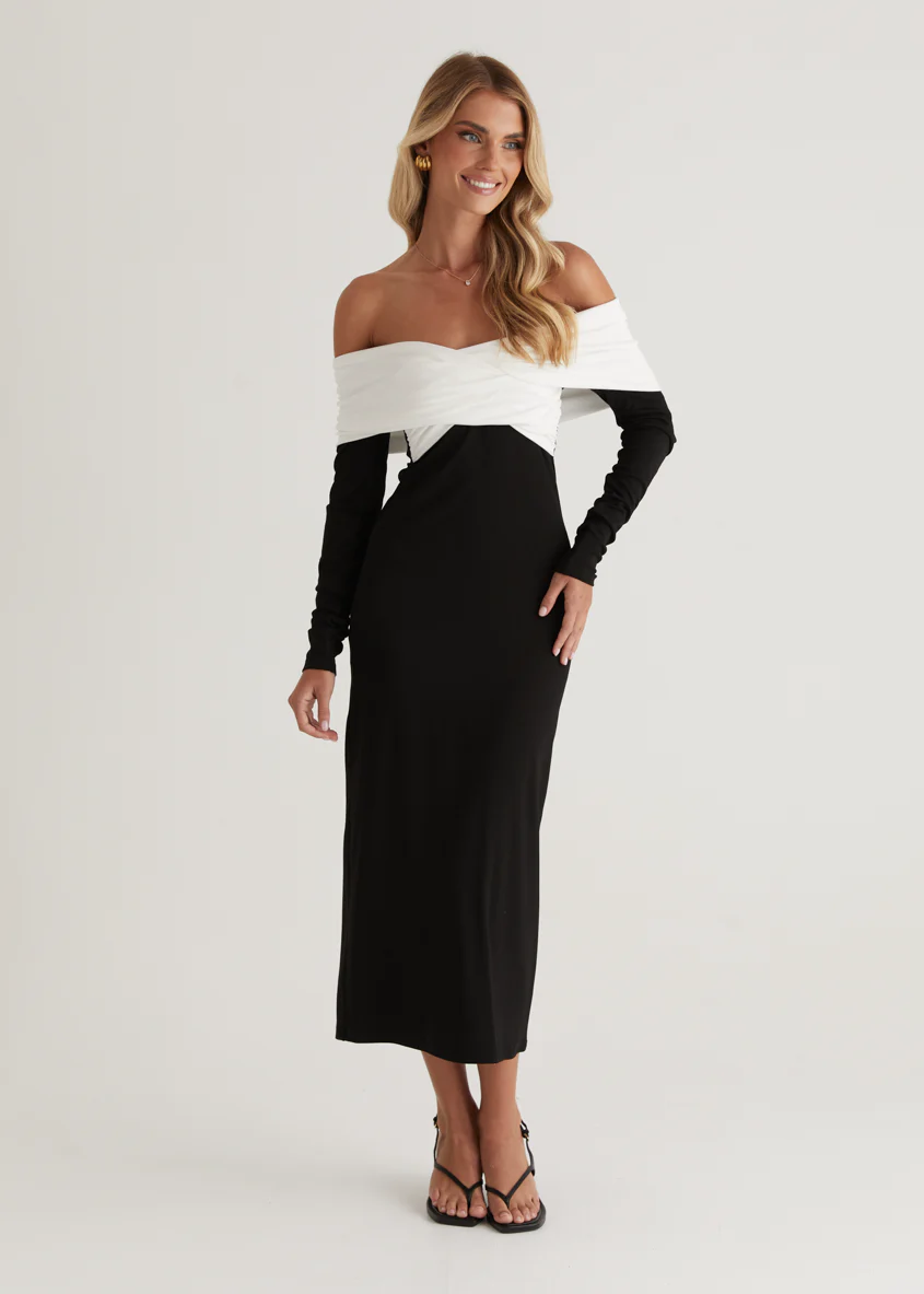 Revolver Off Shoulder Maxi Dress - Black Splice - Image 10