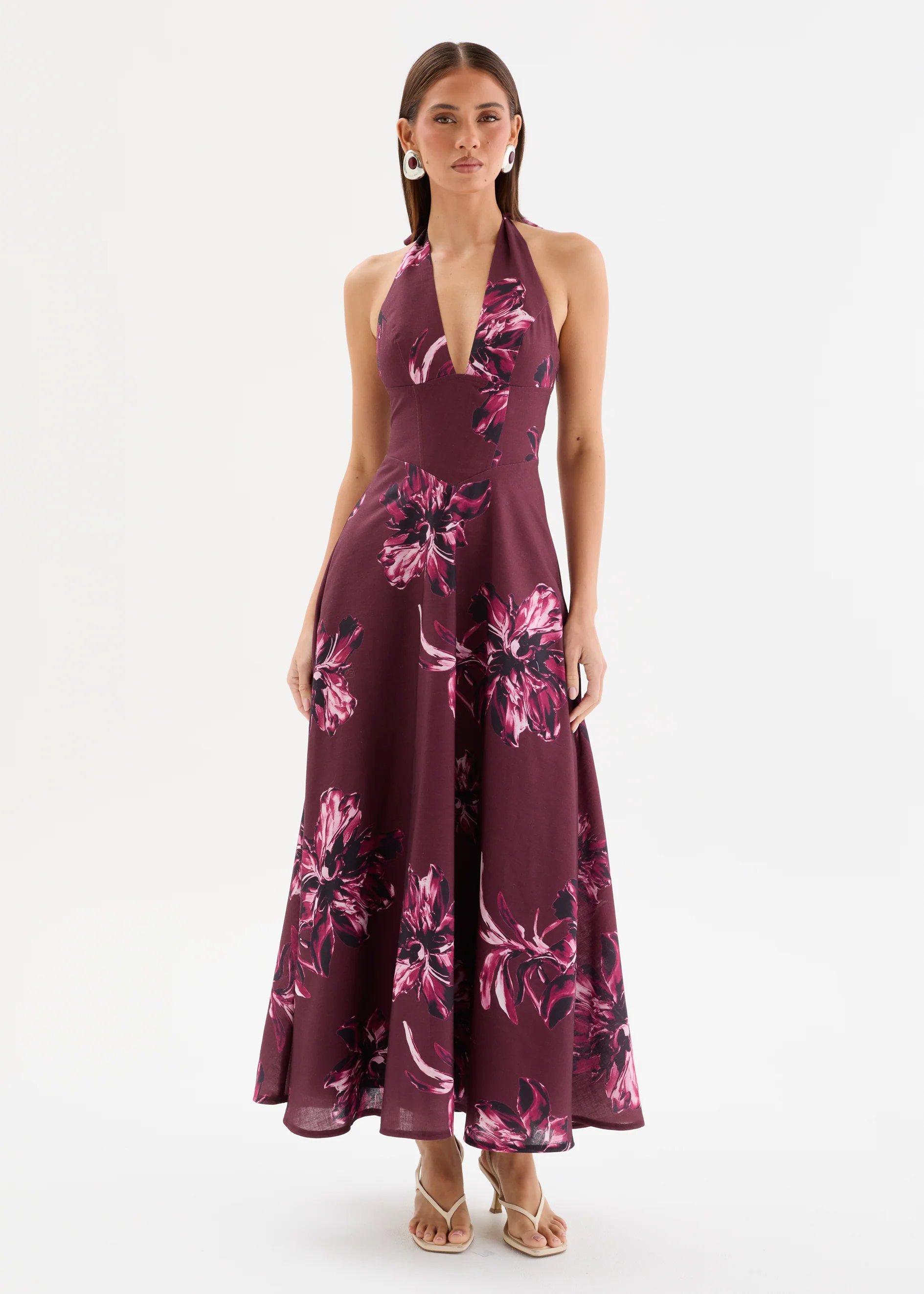 Ricky Halter Maxi Dress - Burgundy Flowers