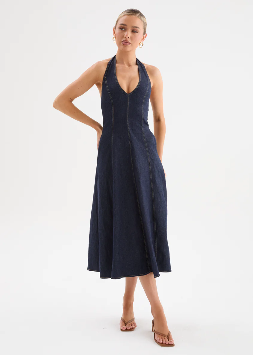 Riyana Halter Denim Midi Dress - Indigo - Image 3