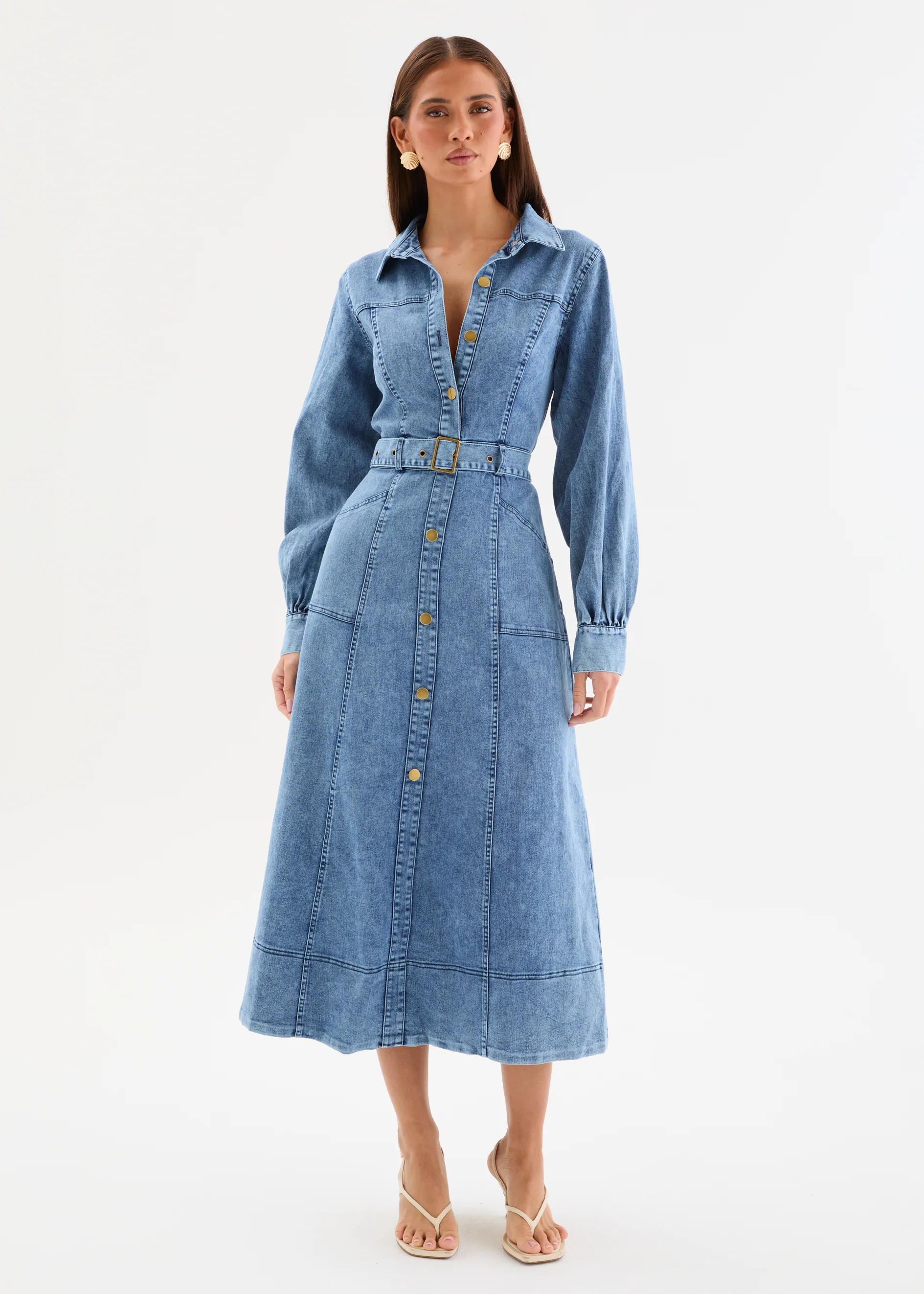 Ryley Denim Midi Dress with Belt - Mid Blue Wash