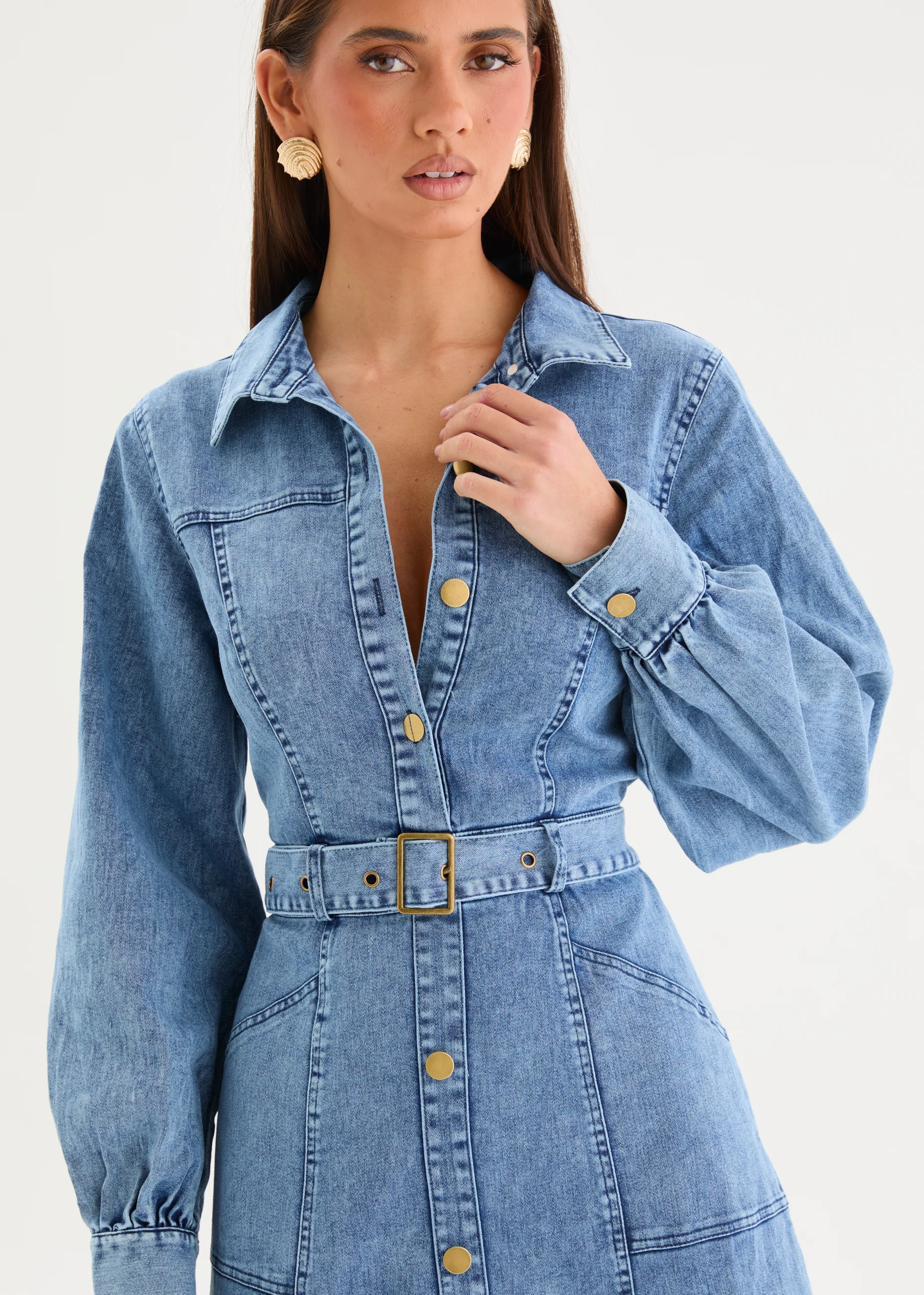 Ryley Denim Midi Dress with Belt - Mid Blue Wash - Image 10