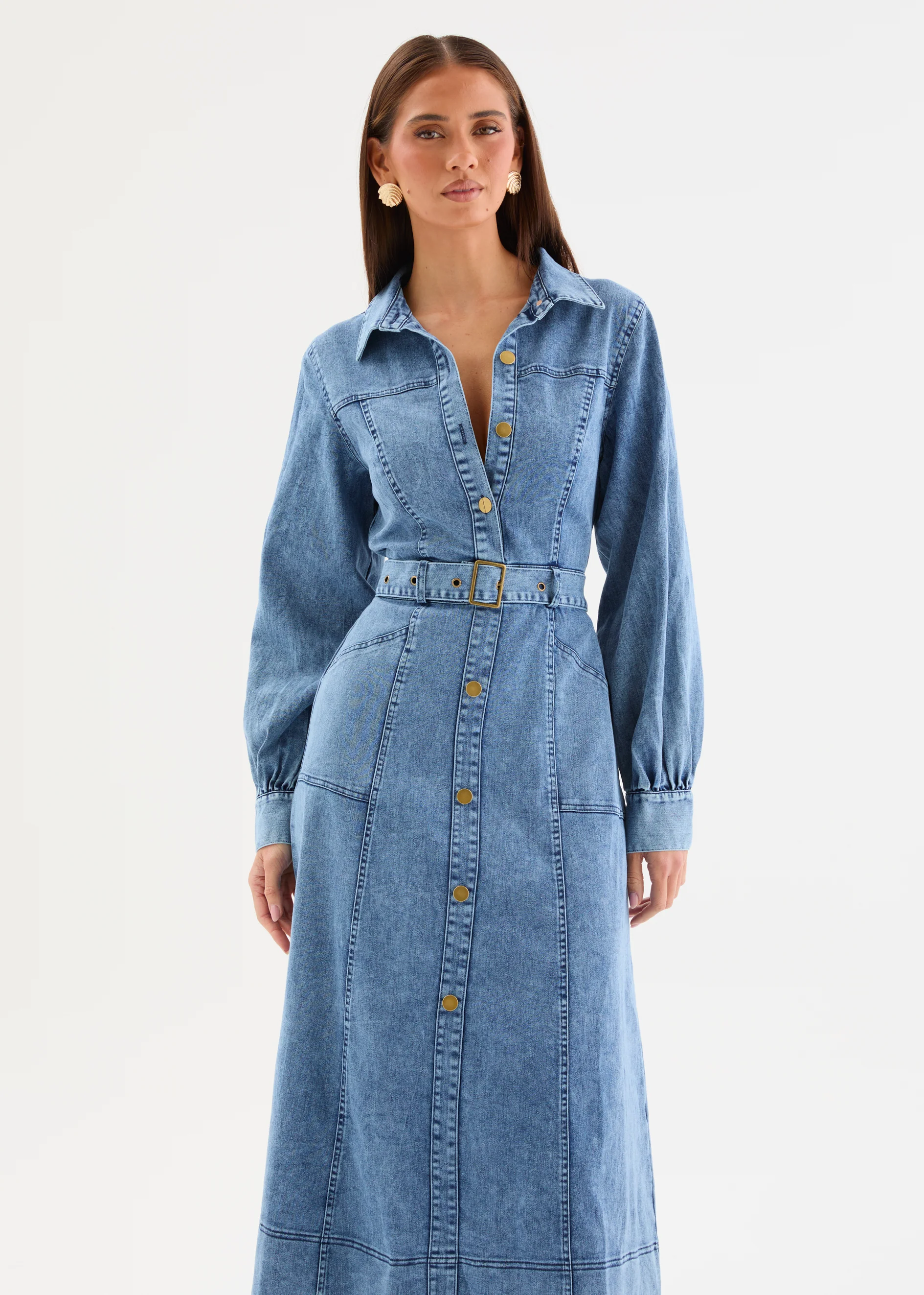 Ryley Denim Midi Dress with Belt - Mid Blue Wash - Image 3