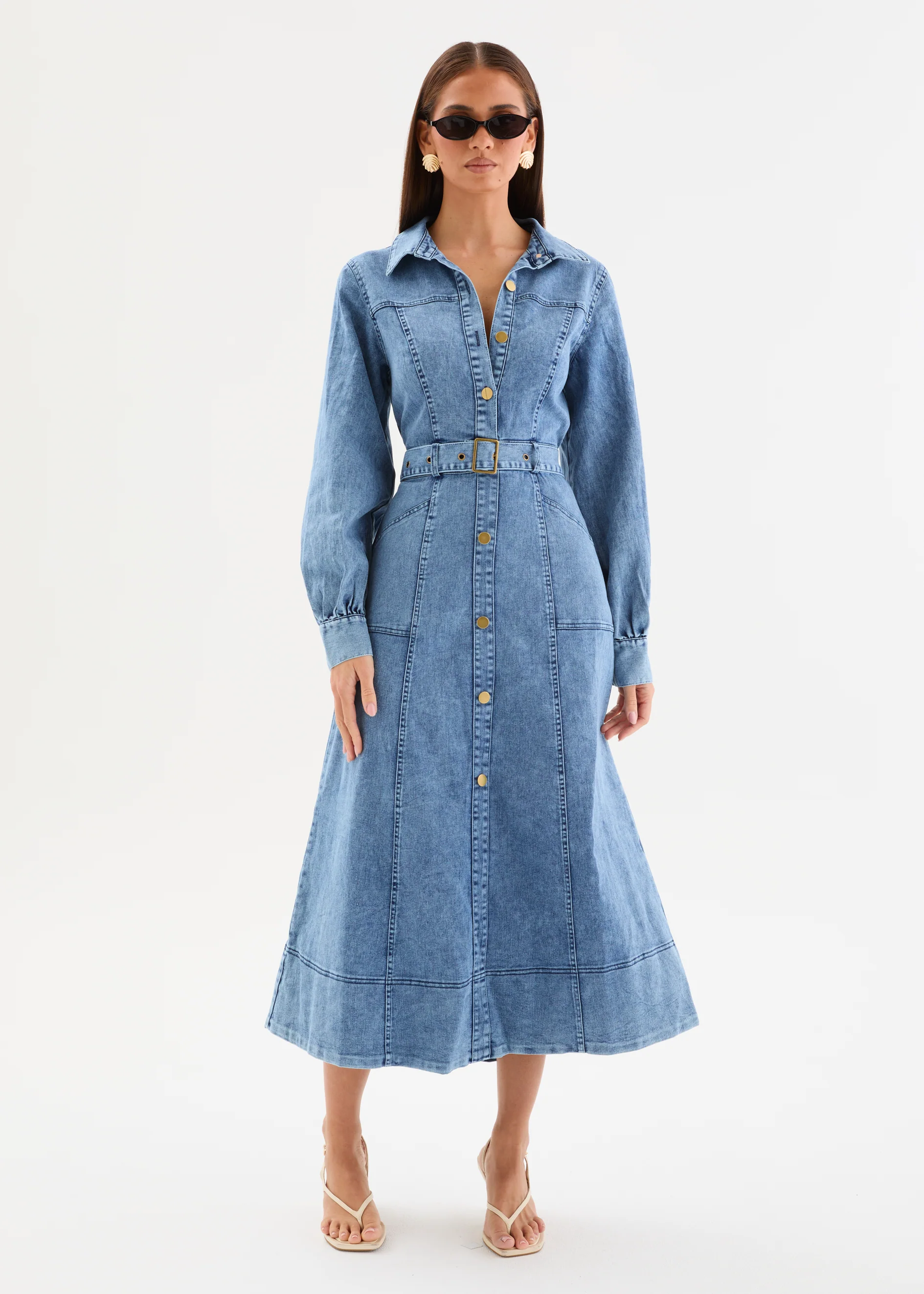 Ryley Denim Midi Dress with Belt - Mid Blue Wash - Image 4